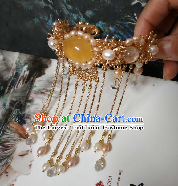 Handmade Chinese Tang Dynasty Golden Bangle Accessories Traditional Ancient Princess Pearls Tassel Bracelet