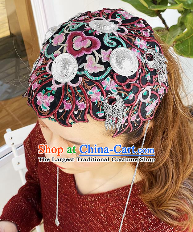 China Yunnan Minority Woman Silver Tassel Hair Clasp Handmade Embroidered Black Headband Ethnic Folk Dance Headdress