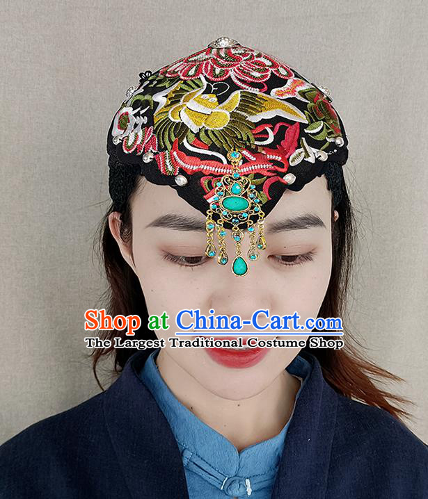 China Handmade Black Cloth Headband Yunnan Minority Woman Embroidered Hair Clasp Ethnic Peacock Dance Hair Accessories