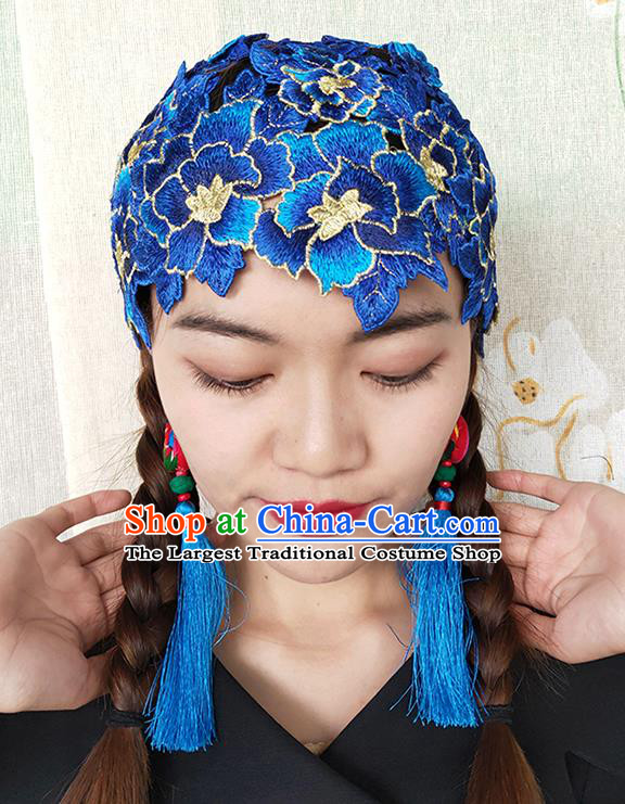 China National Woman Embroidered Royalblue Flowers Hat Handmade Ethnic Folk Dance Headband Yunnan Minority Hair Clasp