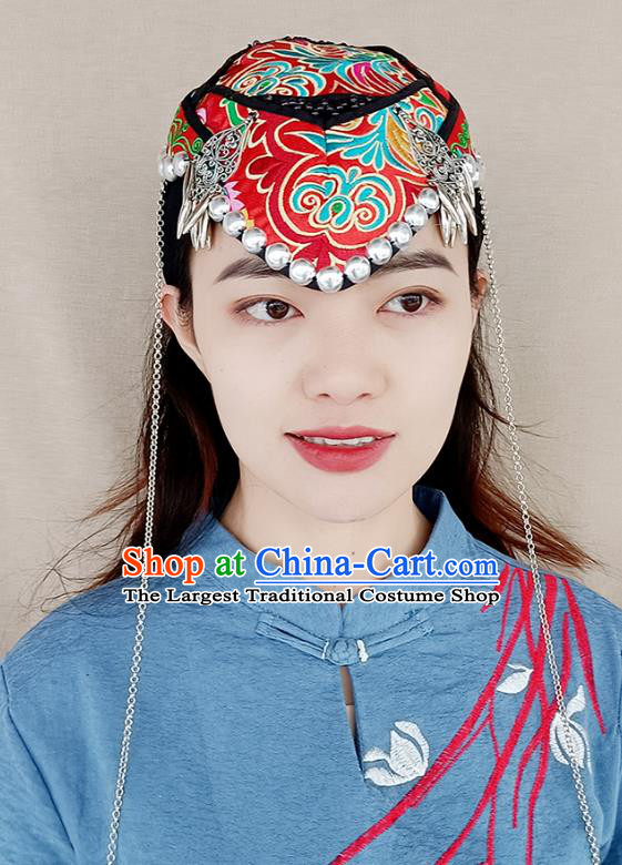 China Ethnic Peacock Dance Hat Handmade Red Cloth Headband Yunnan Minority Woman Embroidered Hair Clasp