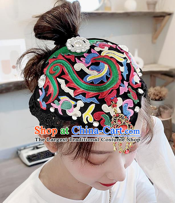 China Yunnan Minority Woman Embroidered Hair Clasp Ethnic Peacock Dance Headwear Handmade Black Cloth Headband