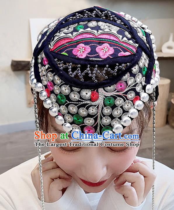 China Handmade Silver Tassel Black Cloth Headband Yunnan Minority Woman Embroidered Hair Clasp Ethnic Peacock Dance Headwear