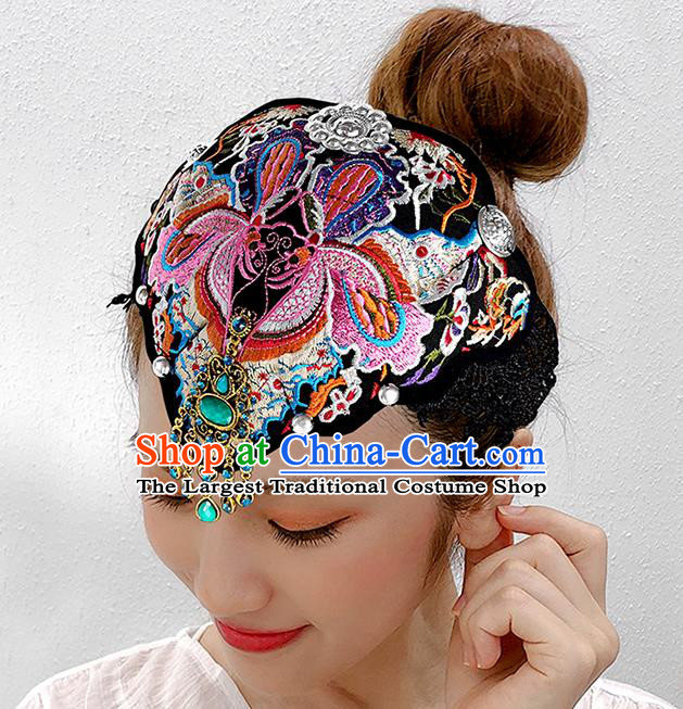 China Ethnic Headwear Handmade Peacock Dance Cloth Headband Yunnan Minority Woman Embroidered Butterfly Hair Clasp