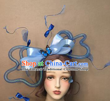 Top Stage Show Giant Headdress Catwalks Hair Accessories Cosplay Flowers Fairy Hair Clasp Baroque Bride Blue Bowknot Hair Crown