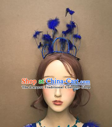 Top Catwalks Hair Accessories Cosplay Goddess Hair Clasp Baroque Bride Blue Feather Hair Crown Stage Show Headdress