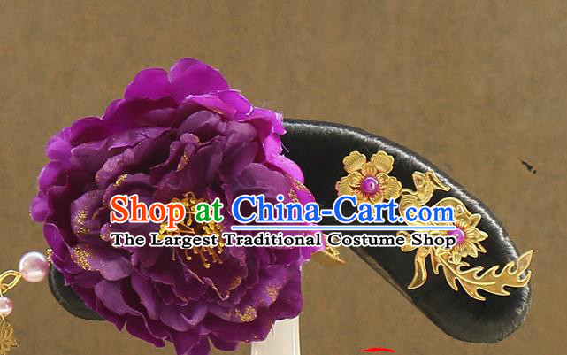 Chinese Ancient Manchu Princess Hair Chignon Drama Jade Palace Lock Heart Purple Peony Hair Accessories Qing Dynasty Imperial Concubine Wigs Sheath