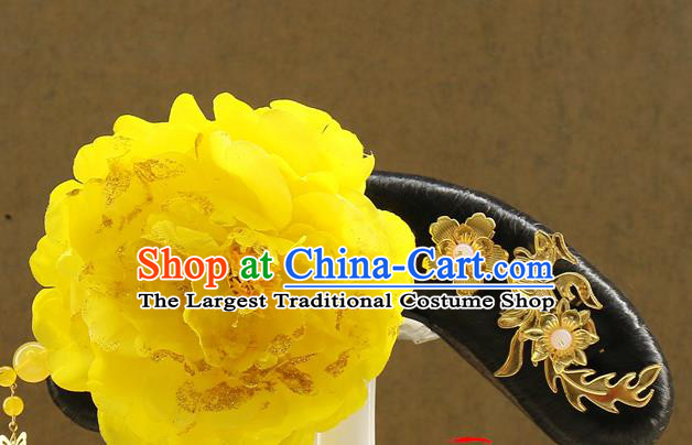 Chinese Qing Dynasty Court Maid Wigs Sheath Ancient Manchu Lady Hair Chignon Drama Jade Palace Lock Heart Yellow Peony Hair Accessories