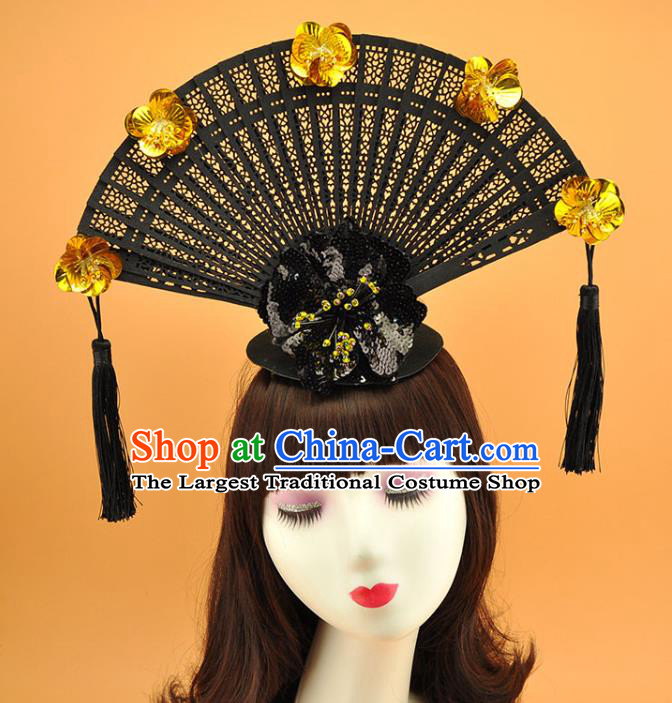 Chinese Stage Show Black Fan Tassel Hair Crown Court Tassel Top Hat Catwalks Deluxe Headdress