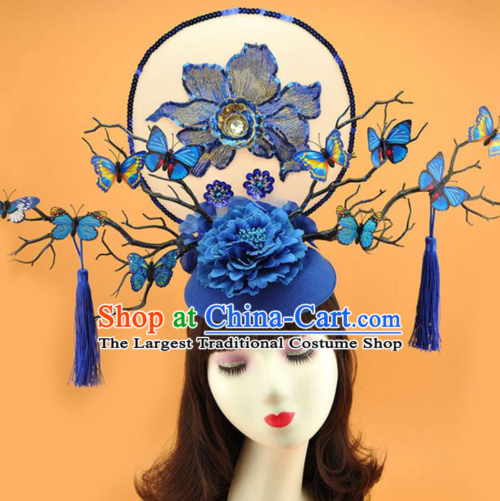 Chinese Catwalks Deluxe Tassel Headdress Stage Show Royalblue Sequins Peony Hair Crown Court Butterfly Branch Top Hat