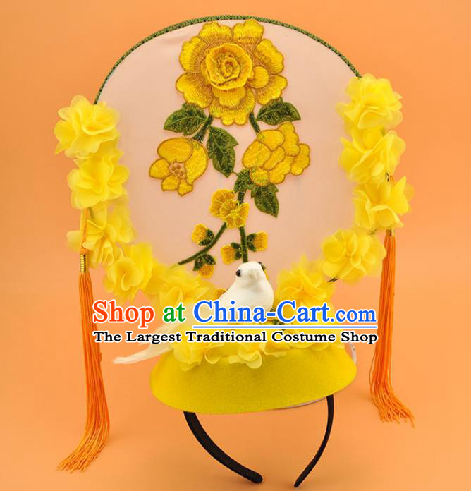 Chinese Court Embroidered Yellow Flowers Top Hat New Year Catwalks Deluxe Headwear Stage Show Pigeon Hair Crown