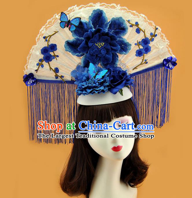 Chinese Stage Show Blue Tassel Hair Crown Traditional Court Embroidered Peony Top Hat Catwalks Deluxe Headpiece