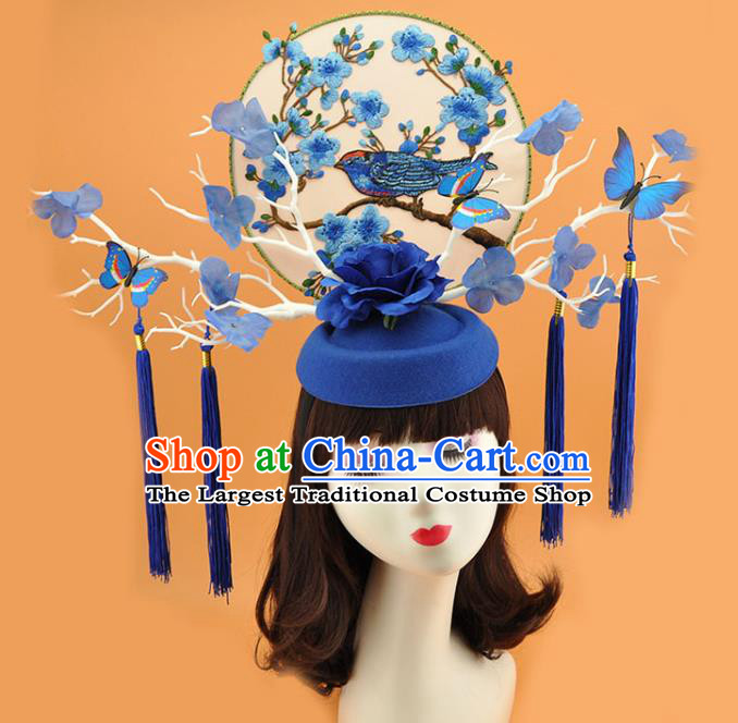 Chinese Stage Show Hair Crown Traditional Court Branch Top Hat Qipao Catwalks Deluxe Blue Rose Headpiece