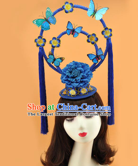 Chinese Traditional Court Blue Butterfly Top Hat Catwalks Deluxe Headpiece Stage Show Tassel Hair Crown