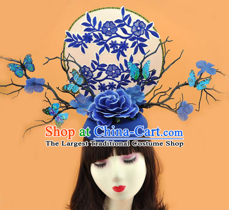 Chinese Handmade Qipao Catwalks Deluxe Headpiece Stage Show Embroidered Hair Crown Traditional Court Branch Fan Top Hat