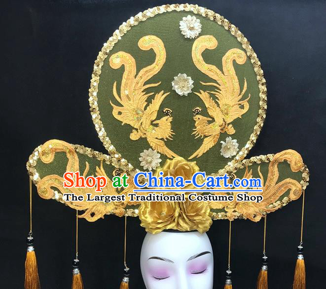 Chinese Qipao Stage Show Embroidered Phoenix Hair Crown Traditional Court Golden Rose Top Hat Handmade Catwalks Deluxe Headwear