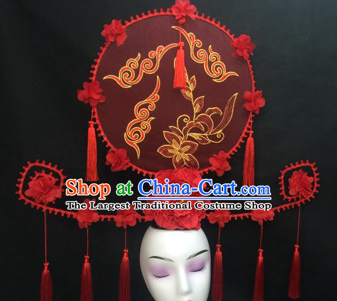 Chinese Traditional Court Giant Red Peony Top Hat Handmade Catwalks Deluxe Headwear Qipao Stage Show Tassel Hair Crown