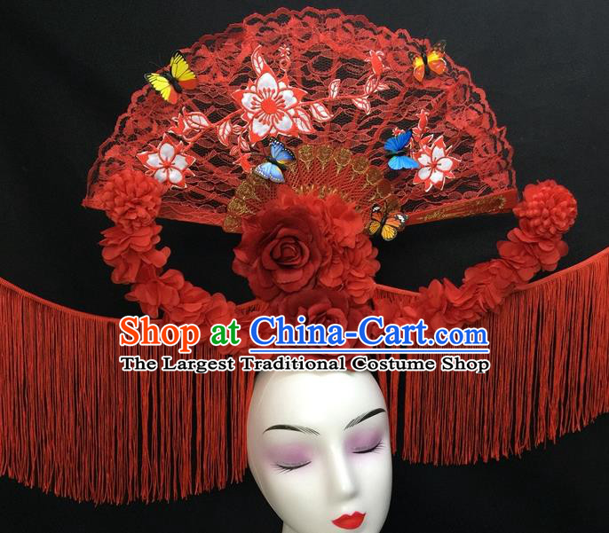 Chinese Handmade Catwalks Deluxe Tassel Headwear Qipao Stage Show Red Lace Fan Hair Crown Traditional Court Giant Flowers Top Hat