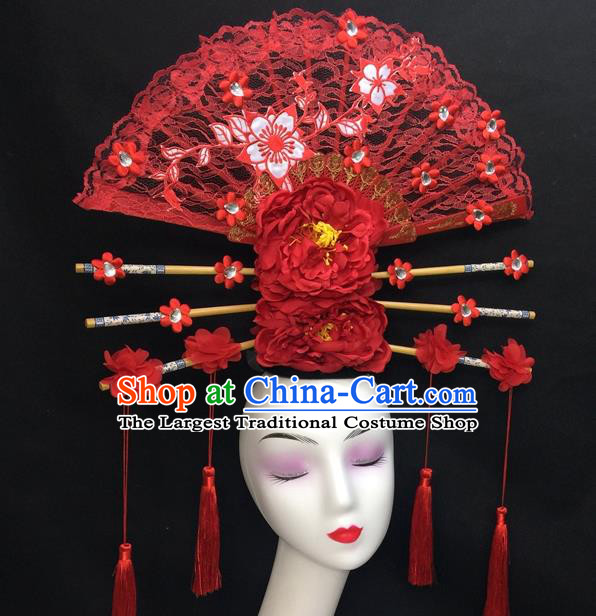 Chinese Traditional Court Giant Red Peony Top Hat Handmade Catwalks Deluxe Lace Fan Headwear Qipao Stage Show Tassel Hair Crown