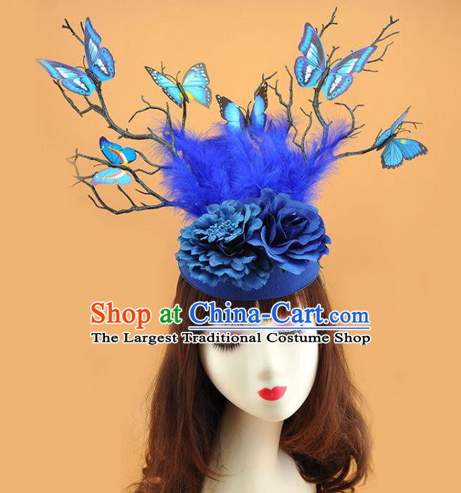 Top Brazilian Carnival Feather Royal Crown Halloween Fancy Ball Branch Hat Miami Blue Butterfly Headdress Cosplay Party Hair Accessories