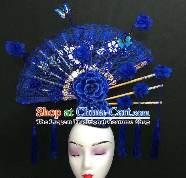 Chinese Handmade Catwalks Deluxe Lace Fashion Headwear Qipao Stage Show Hair Crown Traditional Court Giant Blue Fan Tassel Top Hat