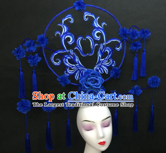 Chinese Traditional Court Giant Blue Peony Top Hat Handmade Catwalks Deluxe Tassel Fashion Headwear Qipao Stage Show Hair Crown