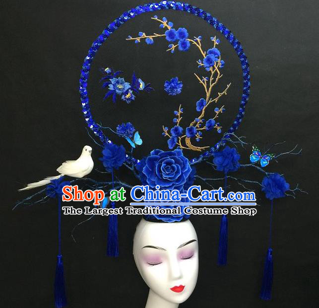 Chinese Handmade Catwalks Deluxe Fashion Headwear Qipao Stage Show Embroidered Plum Hair Crown Traditional Court Giant Top Hat