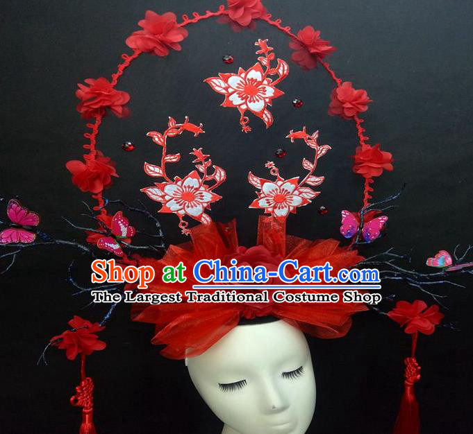 Chinese Cheongsam Stage Show Red Veil Hair Crown Traditional Court Tassel Giant Top Hat Handmade Catwalks Deluxe Butterfly Fashion Headwear