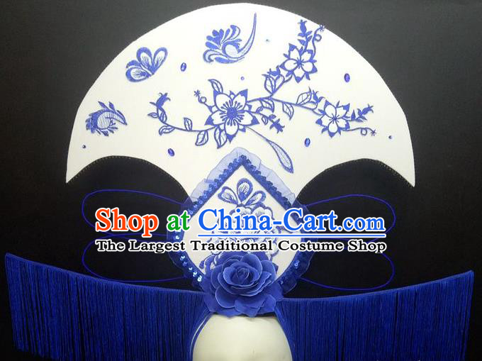 Chinese Cheongsam Catwalks Deluxe Tassel Headwear Handmade Fashion Show Giant Hair Crown Traditional Stage Court Blue Peony Top Hat