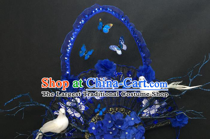 Chinese Traditional Stage Court Blue Butterfly Top Hat Cheongsam Catwalks Deluxe Headwear Handmade Fashion Show Giant Lace Fan Hair Crown