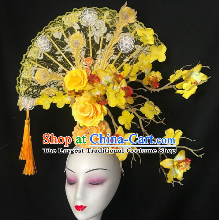 China Catwalks Giant Fashion Headwear Handmade Cheongsam Show Lace Fan Hair Crown Traditional Court Yellow Flowers Hair Clasp