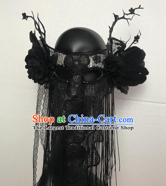 Handmade Costume Party Black Tassel Blinder Headpiece Brazil Carnival Peony Mask Halloween Cosplay Show Lace Full Face Mask