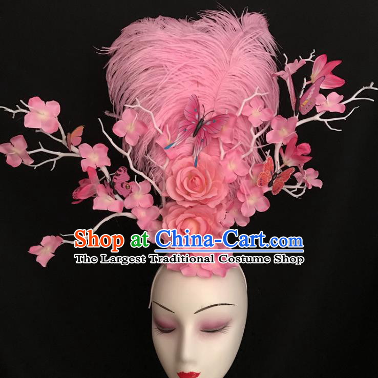 Top Halloween Cosplay Hair Accessories Catwalks Pink Feather Royal Crown Rio Carnival Rose Hair Clasp Brazil Parade Headdress