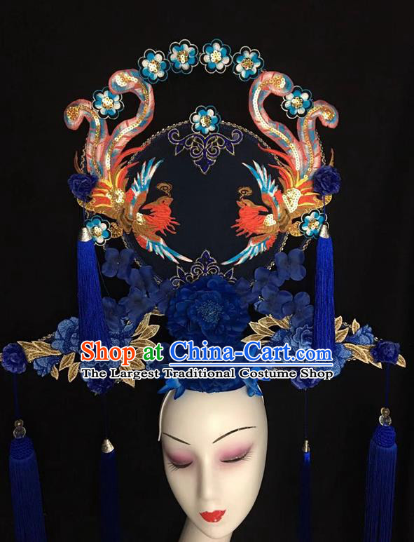 China Handmade Catwalks Giant Fashion Headdress Cheongsam Show Embroidered Phoenix Hair Crown Traditional Court Blue Peony Hair Clasp