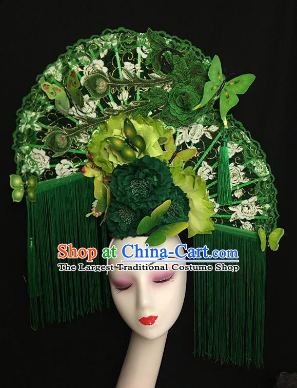 China Traditional Court Green Tassel Hair Clasp Handmade Catwalks Bride Giant Fashion Headdress Cheongsam Show Lace Phoenix Fan Hair Crown