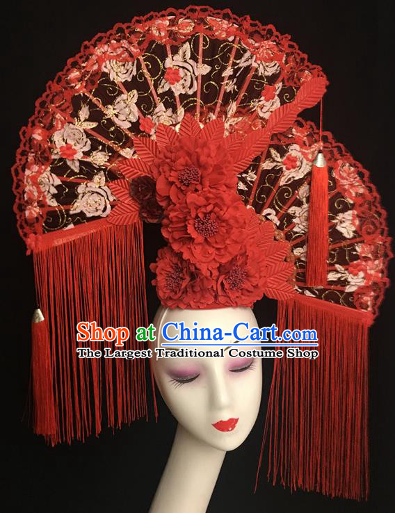 China Handmade Catwalks Bride Giant Fashion Headdress Cheongsam Show Red Peony Hair Crown Traditional Court Lace Fan Tassel Hair Clasp