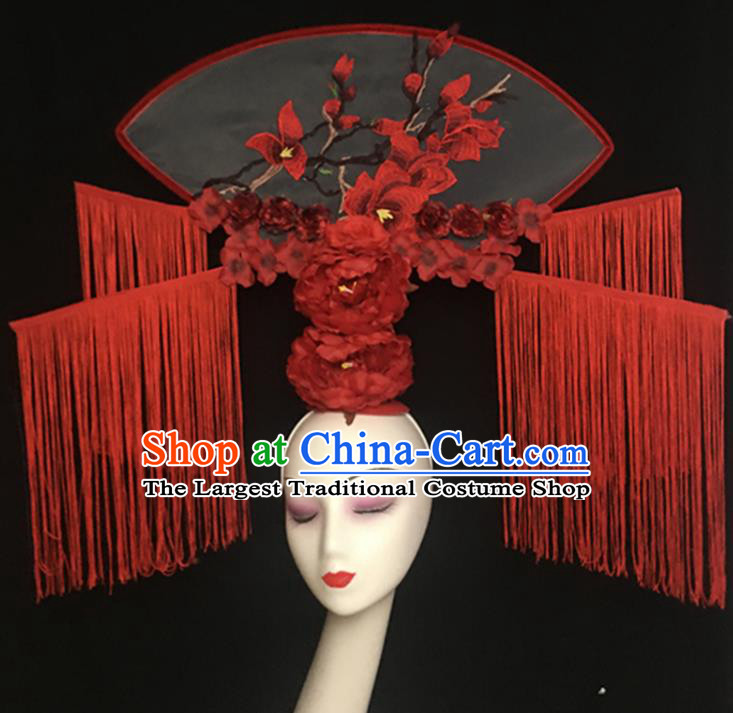 China Catwalks Fashion Tassel Headdress Handmade Bride Giant Headwear Cheongsam Show Embroidered Mangnolia Hair Crown Court Fan Hair Clasp