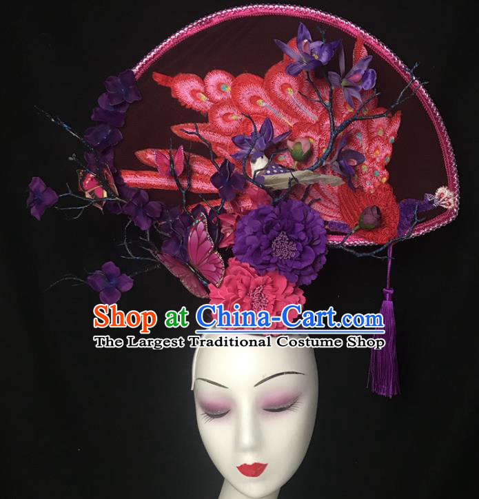 China Cheongsam Show Hair Crown Court Embroidered Peacock Fan Hair Clasp Catwalks Fashion Headdress Handmade Bride Giant Headwear