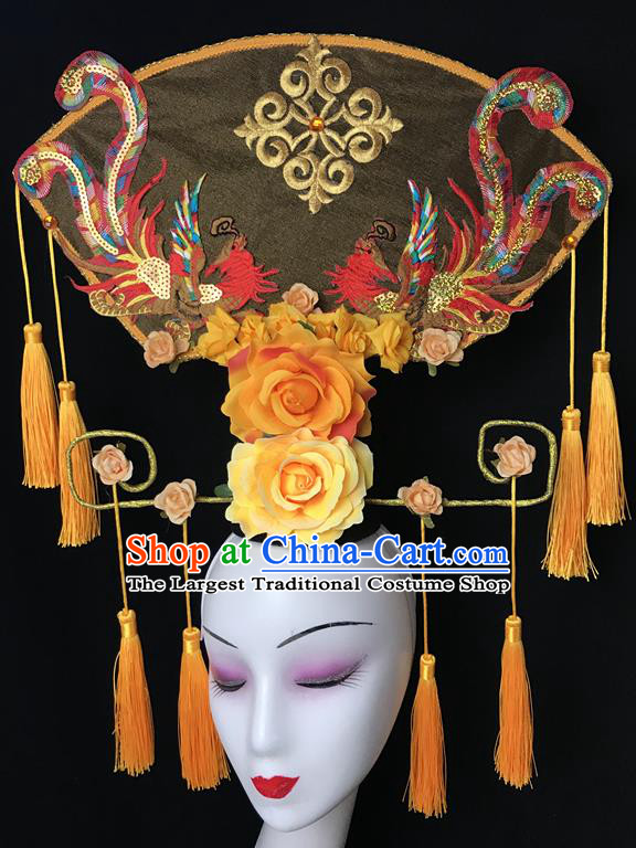 China Court Sequins Phoenix Hair Clasp Catwalks Giant Headdress Handmade Bride Fashion Headwear Cheongsam Show Yellow Fan Hair Crown