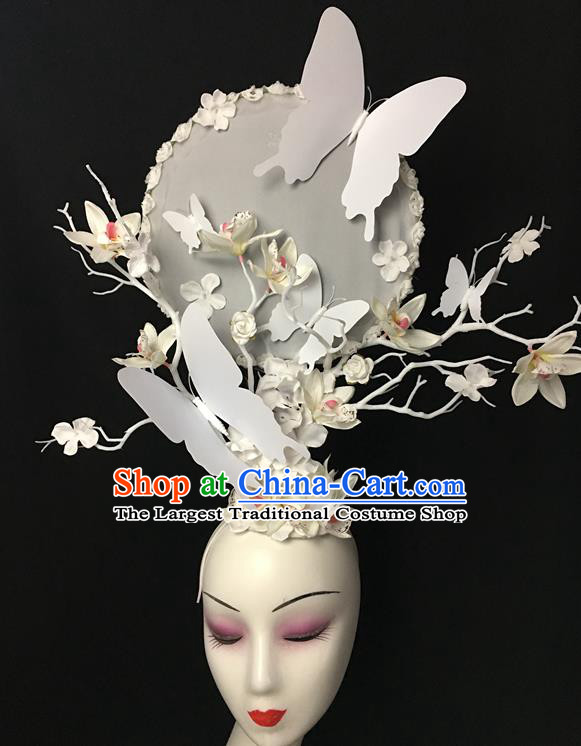 China Cheongsam Show White Butterfly Hair Crown Court Fan Hair Clasp Catwalks Giant Headdress Handmade Bride Fashion Headwear