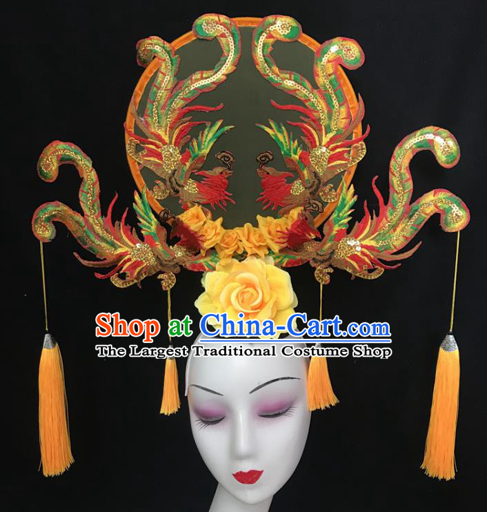 China Court Orange Fan Hair Clasp Catwalks Fashion Headdress Handmade Bride Giant Headwear Cheongsam Show Embroidered Phoenix Hair Crown