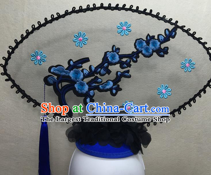 Chinese Cheongsam Catwalks Deluxe Headwear Handmade Fashion Show Giant Hair Crown Traditional Stage Court Embroidered Blue Plum Top Hat