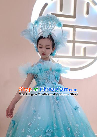 Custom Girl Princess Stage Show Clothing Brazil Parade Dance Blue Full Dress Children Catwalks Garment Costume and Feather Royal Crown