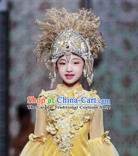 Custom Children Catwalks Garment Costume Girl Dance Performance Clothing Stage Show Yellow Full Dress and Headdress