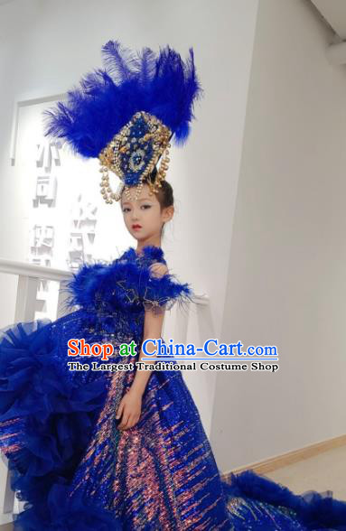 Customized Children Catwalks Garment Costume Girl Stage Show Clothing Brazil Parade Dance Royalblue Trailing Dress and Headdress