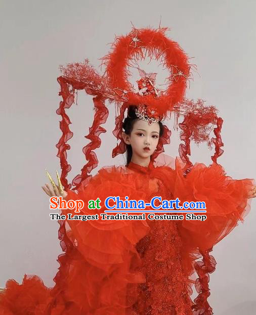 Customized Brazil Parade Dance Red Veil Trailing Full Dress Children Catwalks Garment Costume Girl Stage Show Clothing and Headdress