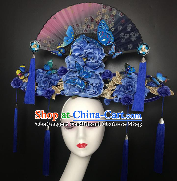 Chinese Cheongsam Catwalks Deluxe Headwear Handmade Fashion Show Giant Blue Peony Hair Crown Traditional Stage Court Fan Top Hat