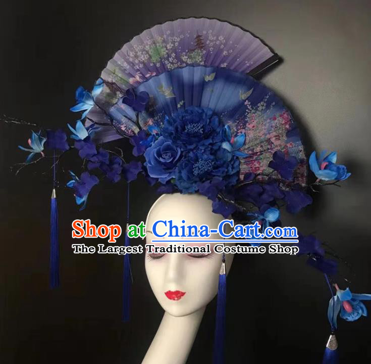 Chinese Traditional Stage Court Fan Top Hat Cheongsam Catwalks Giant Headwear Handmade Fashion Show Blue Peony Hair Crown