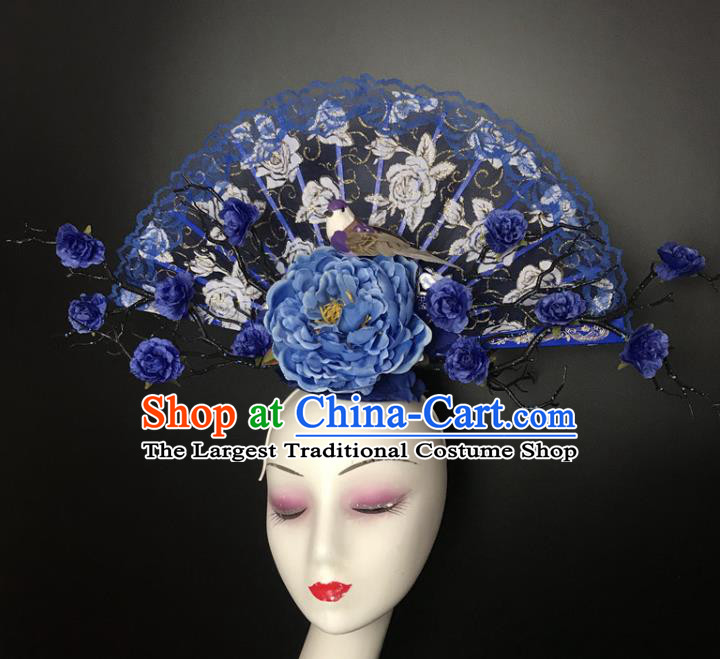 Chinese Cheongsam Catwalks Giant Headwear Handmade Fashion Show Blue Peony Hair Crown Traditional Stage Court Lace Fan Top Hat