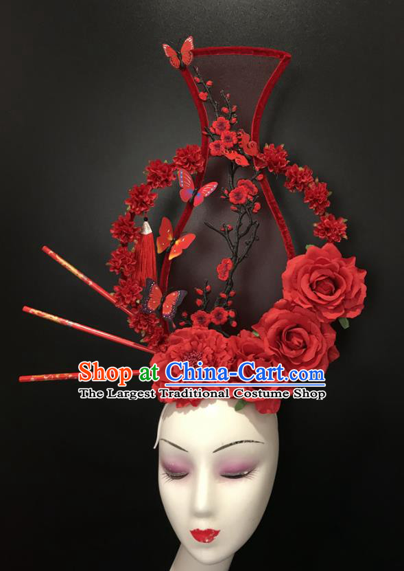 Chinese Traditional Stage Court Red Vase Top Hat Cheongsam Catwalks Giant Headdress Handmade Fashion Show Flowers Hair Crown